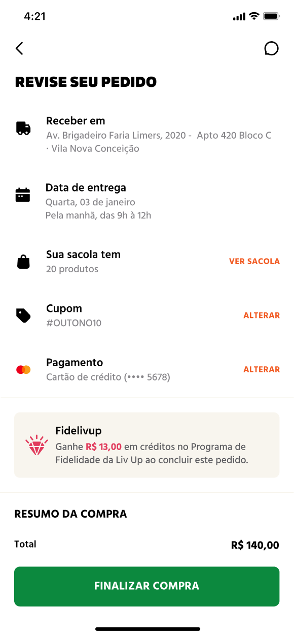 Fidelivup: confirmação do pedido e crédito ganho