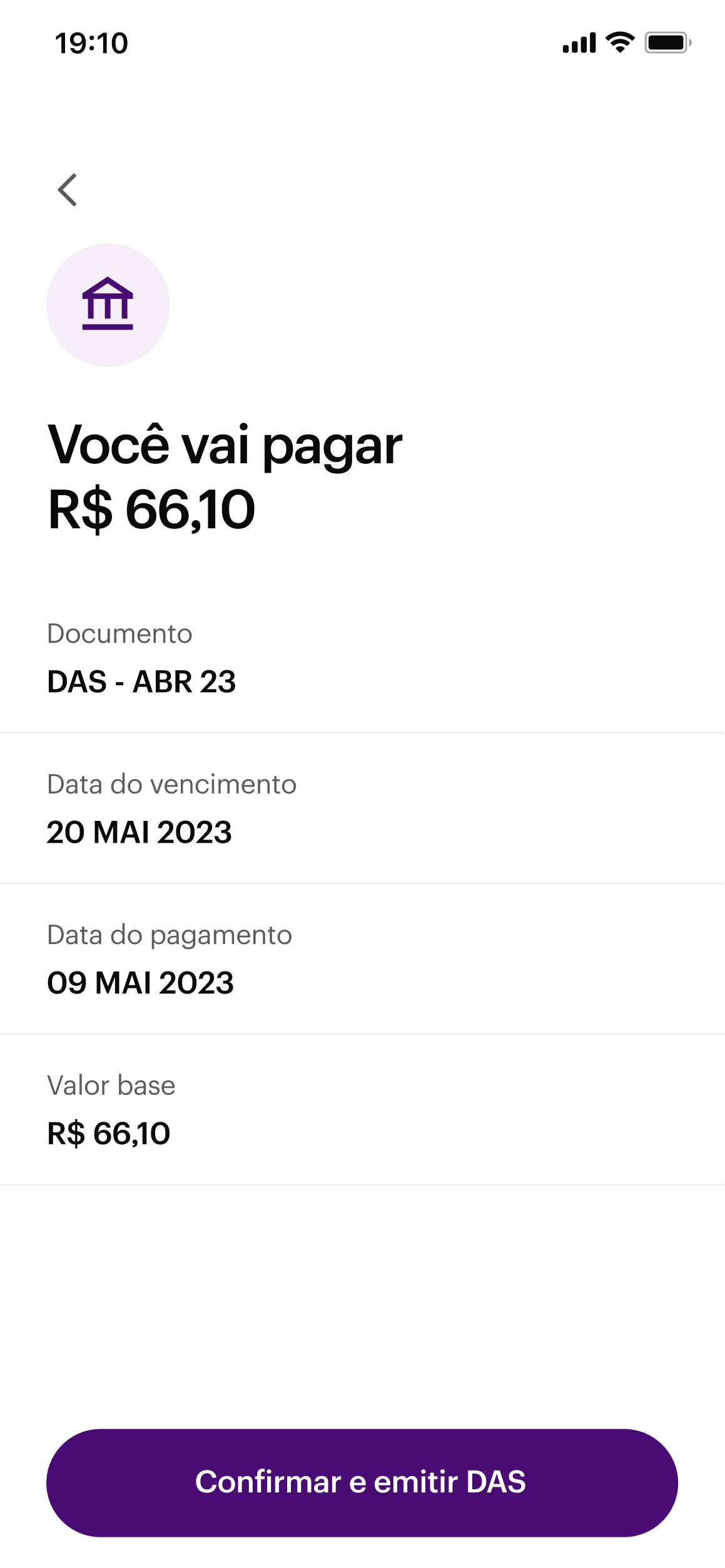 Confirmação do valor a pagar