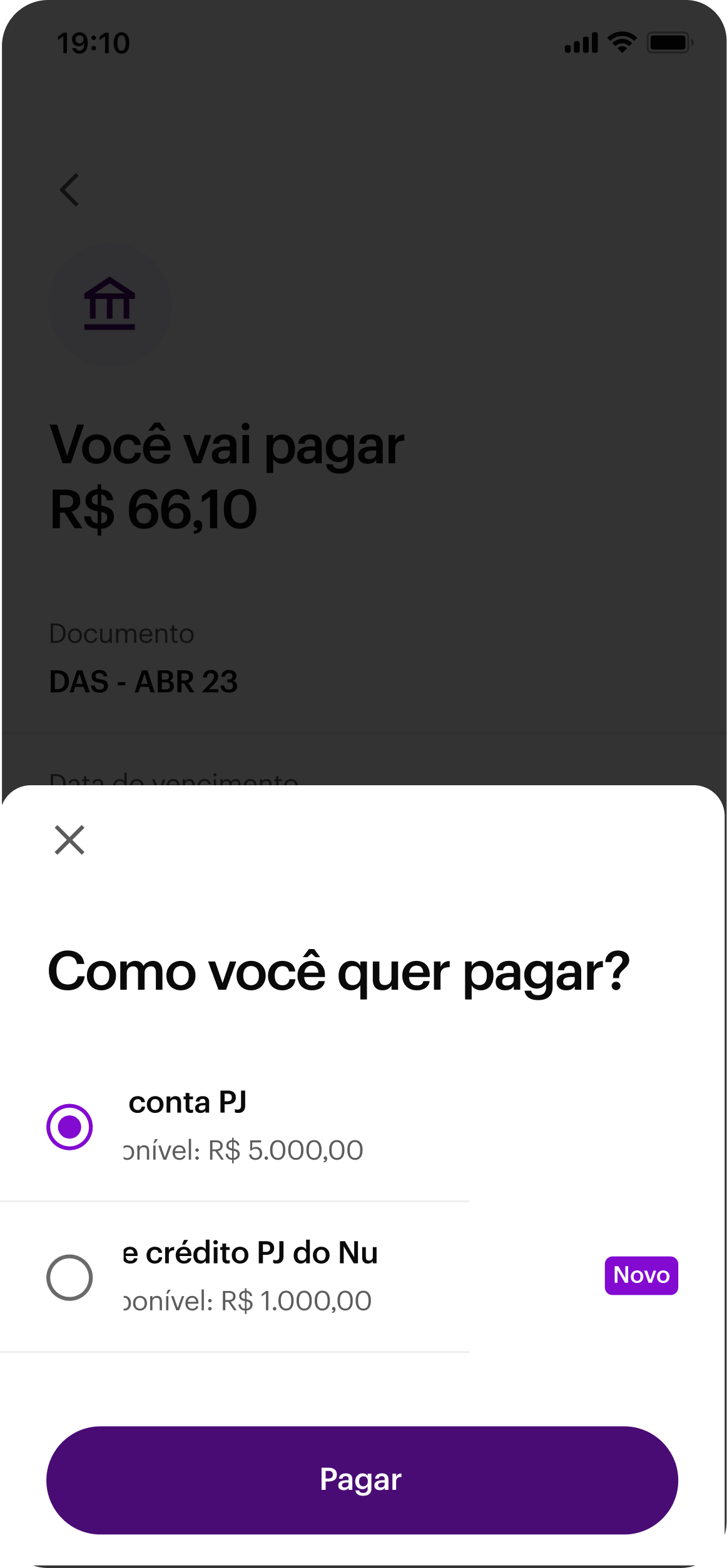 Seleção da forma de pagamento